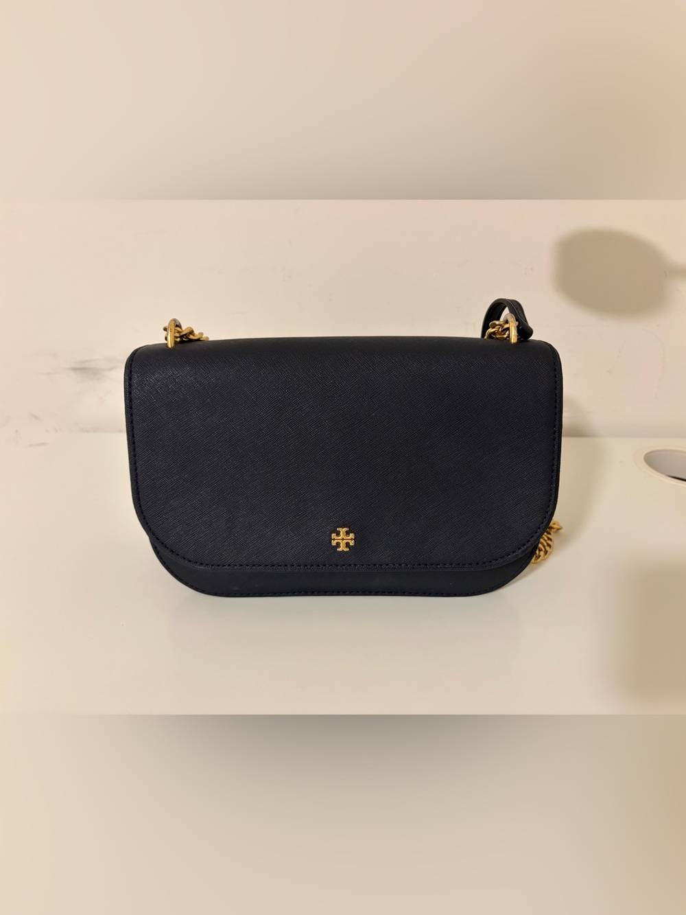 Tory Burch Emerson Flap Adjustable Shoulder Bag Navy with Beige Interior